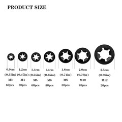 340 Pcs Tooth Lock Washer Kit M3 M4 M5 M6 M8 M10 M12 Black Steel Fasteners