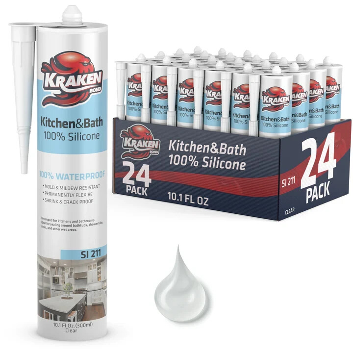 Kraken Bond Kitchen & Bath Silicone Sealant Clear 10.1 fl oz – 24 Pack
