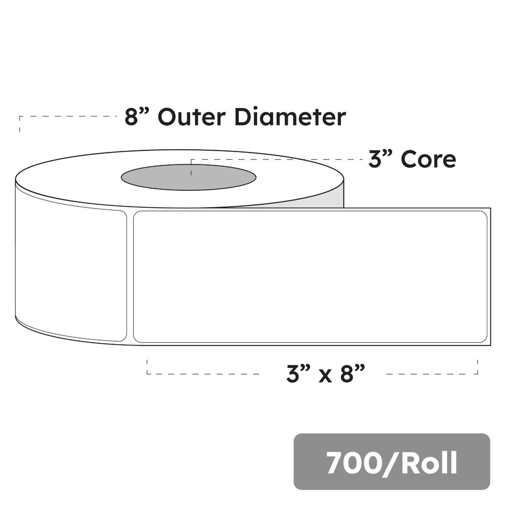 3″ x 8″ x 700 Labels, White Gloss BOPP Roll Inkjet Labels, 3″ Core, Blank