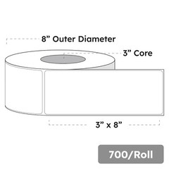3″ x 8″ x 700 Labels, White Gloss BOPP Roll Inkjet Labels, 3″ Core, Blank