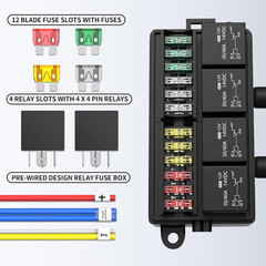 12 Volt Fuse Relay Box Pre-Wired Fuse and Relay Box with 4 Relays and 12 Way ATC