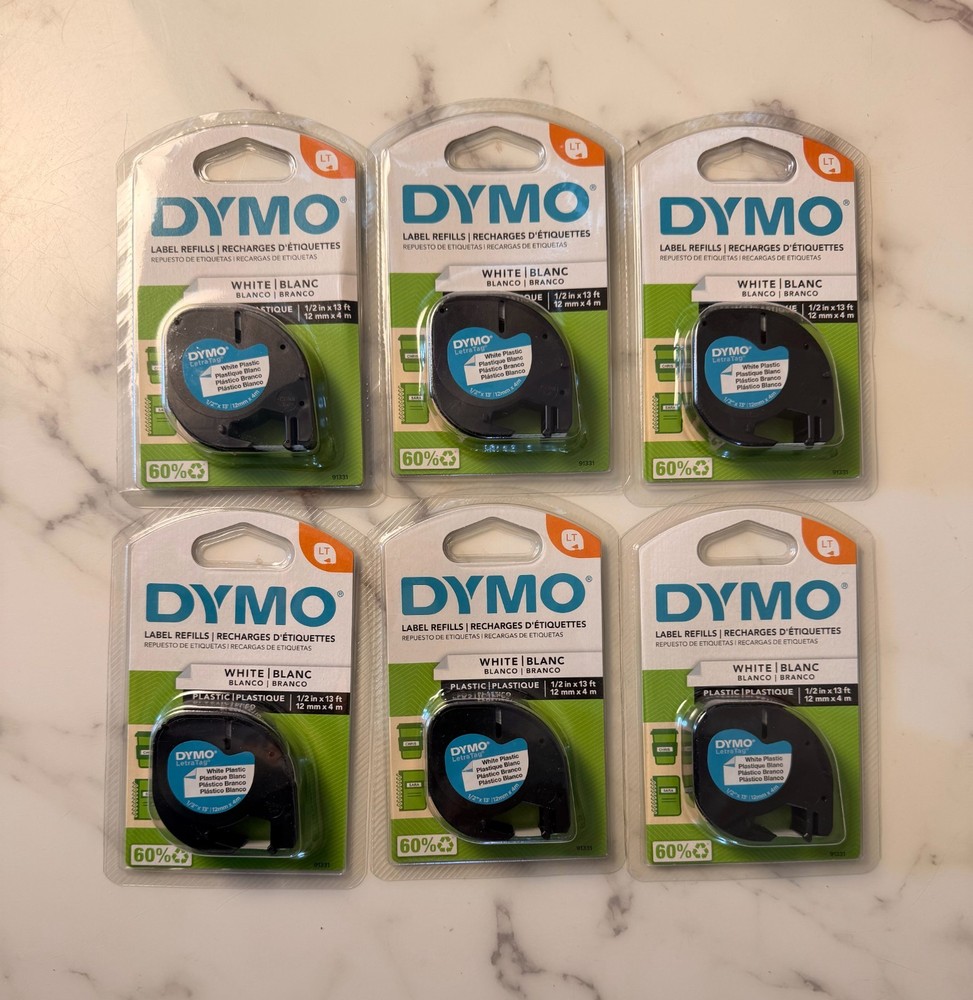 Dymo LetraTag LT Label Refills White Plastic Label Tape 1/2″ x 13 ft – LOT OF 6