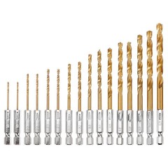 32pc 1/4” Hex Shank Titanium Coated Steel DRILL BIT Set Metal Wood Quick Change