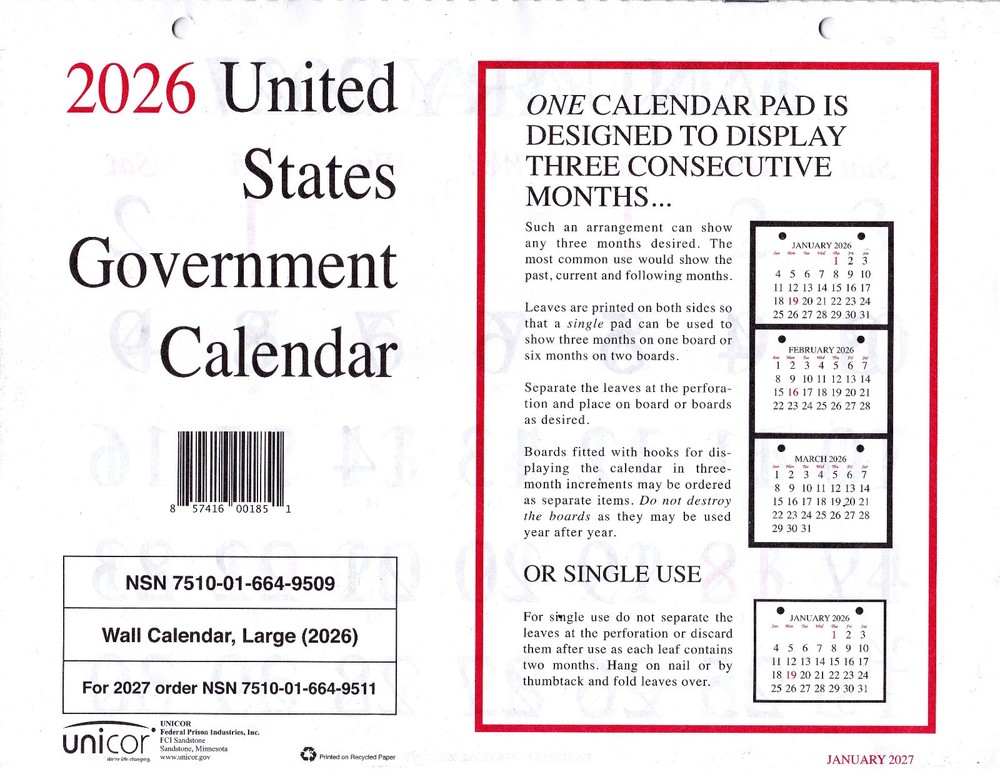 Unicor 2026 Fed Wall Calendar, Qty=1, Individual, Single, Displays 3 Months !!