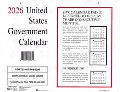 Unicor 2026 Fed Wall Calendar, Qty=1, Individual, Single, Displays 3 Months !!
