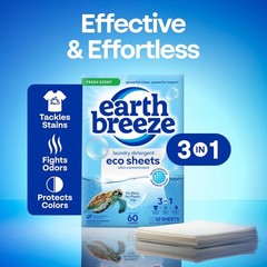 60 Loads Earth Breeze Laundry Detergent Sheets Fresh Scent Liquidless Soap 3in1
