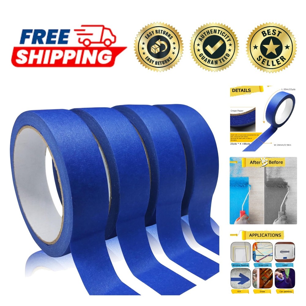 Eco-Friendly Blue Painters Tape – 0.94in x 22yd, 4 Rolls, Easy Tear & Removal