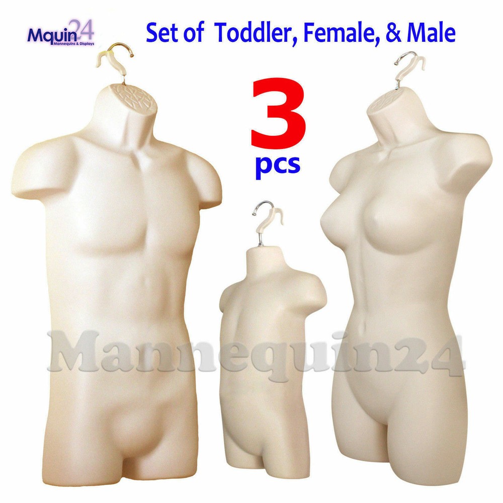 3 PACK MALE FEMALE TODDLER TORSO DRESS FORM MANNEQUIN SET in FLESH FOR HANGING