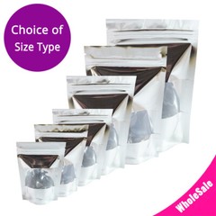 Multi-Size Silver Foil Mylar Glossy Stand Up Zip Lock Bag w/ Rectangle Window