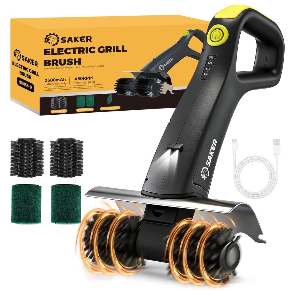 Saker Electric Grill Brush with 450 RPM & LED Light | Tangle-Free Grill Clean…