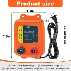 Electric Fence Charger PE2 0.10 Joule, 2-Mile/ 8 Acres Plug in Electric Fence Ch