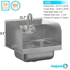 Stainless Steel Hand Sink 15 in x 15 in with Side Splashes and Gooseneck Faucet