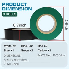 9 Rolls Coloured Electrical Tape – Professional White Black Red Multicolor