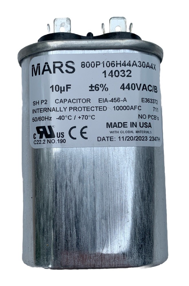 Mars 14032 Oval Motor Run Capacitor 10 MFD 440/370V, Made in USA