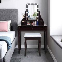 2-Piece Brown Makeup Vanity Set 10 Dimmable Bulbs Makeup Dressing Desk