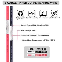6 Gauge 6 AWG Electrical Cable Tinned Copper 2-Conductor 20Ft Black & Red