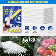 6 Pack Plastic Drop Cloths for Painting 9x12ft – Disposable Premium Plastic T…