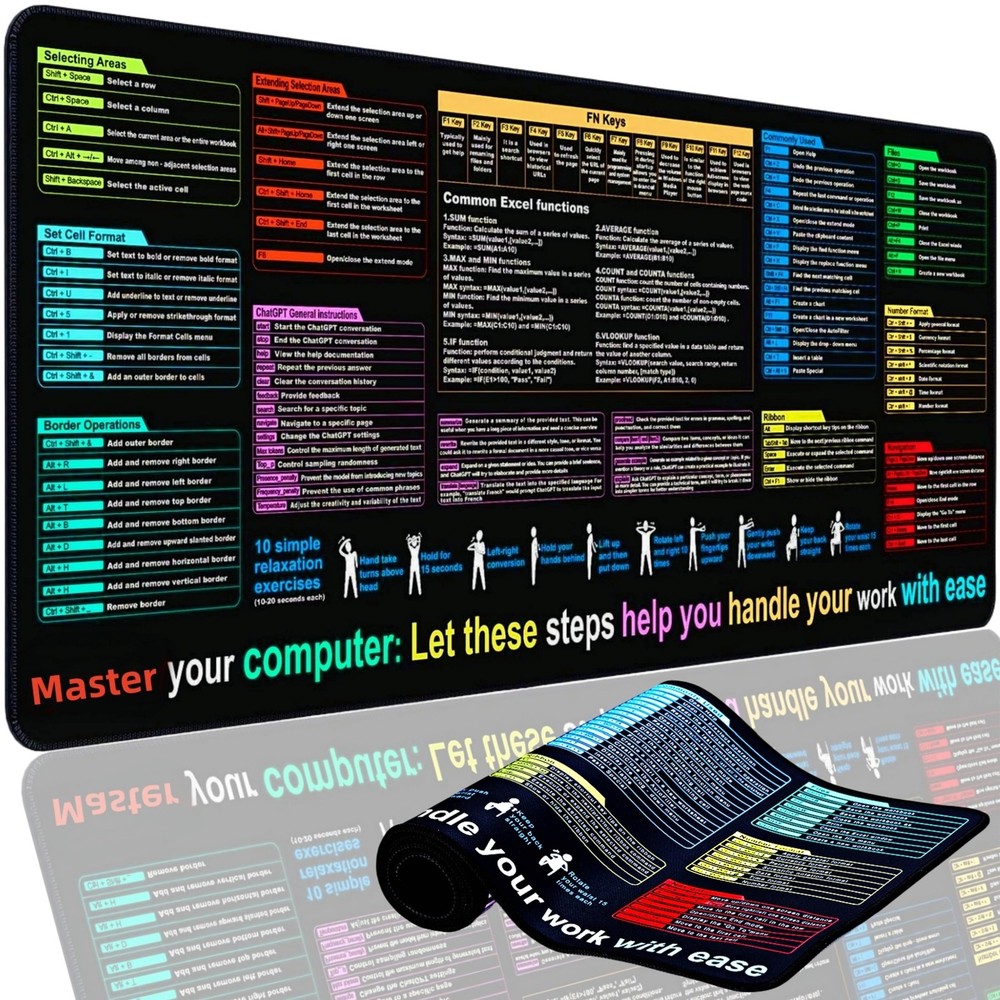 Excel Cheat Sheet Desk Pad Mat (11.8×31.5in) – XL 31.5″ x 11.8″, Black