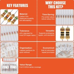 JX-E Resistors Assortment Kit, 1000 Pcs 25 Values 1 Ohm to 1M 1/4W…