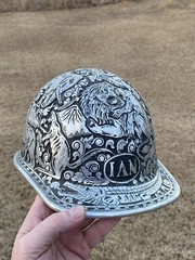 VINTAGE HAND ENGRAVED ALUMINUM McDONALD HARD HAT INDONESIA JUNGLE ANIMALS ART