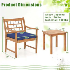 3-Piece Acacia Wood Outdoor Bistro Set with Coffee Table for Porch and Navy Cush