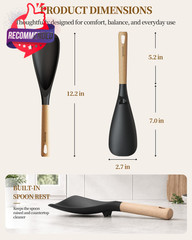 Cooking Spoon, Nonstick Safe Silicone Spatula With Long Wooden Handles, Heat