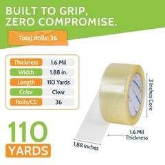 36 ROLLS Clear Packing Tape – 2 INCH x 110 Yards (330 ft) Carton Sealing Package