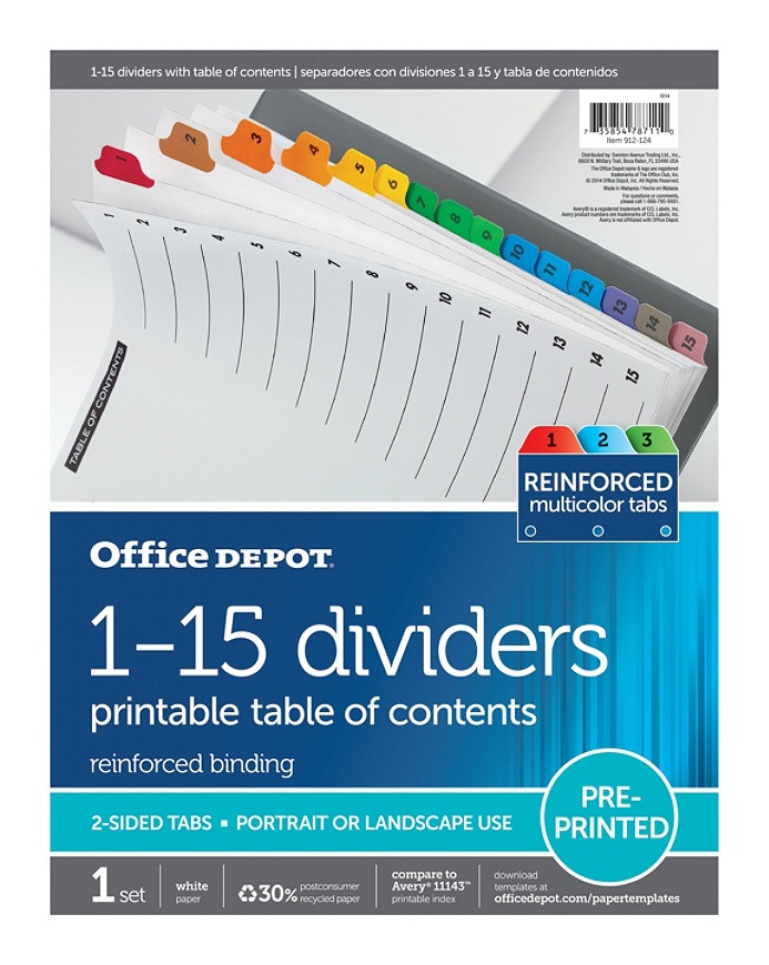 Office Depot Table of Contents Assorted Colors 1-15 1 Set