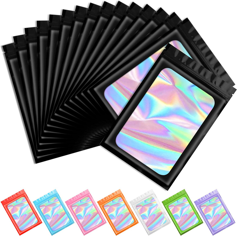 100 Pcs Black Mylar Holographic Resealable Bags,Clear Packaging Bag Odor Proof F