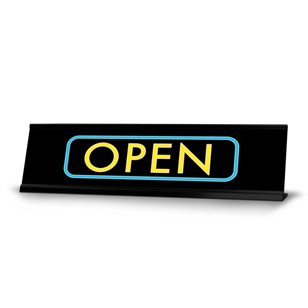 Open, Black Frame, Desk Sign (2×8″)