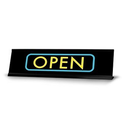 Open, Black Frame, Desk Sign (2×8″)
