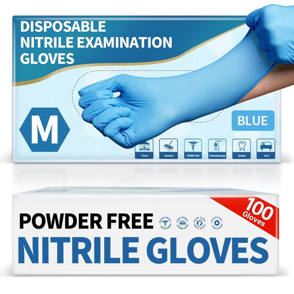 Medguy PowderFree Nitrile Exam Gloves, 4 Mil, 100 Pcs Blue Disposable LatexFr…