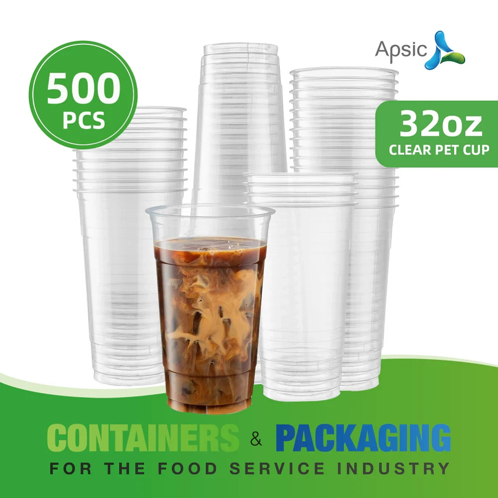 APSIC 32 oz Clear PET Cup – Extra Large Capacity – 500 Count 107MM