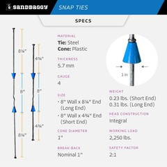 Sandbaggy 8″ Snap Ties For Concrete Forms – 1″ Plastic Cones – Short & Long End