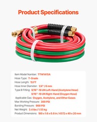 Oxygen Acetylene Hose 1/4-Inch x 15FT T Grade Hose 300PSI Max Working Pressure