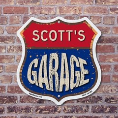 Scott’s Garage Shield Shaped Sign Weather Resistant Crafted in the USA