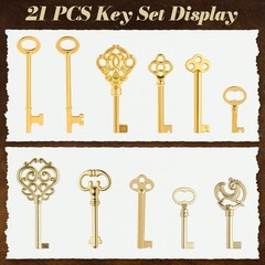 21PCS Hollow Skeleton Keys Antique Brass Zinc DieCast Decorative Furniture Lock