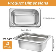 4 Pack 1/9 Size x 2.5 Inch Deep Steam Table Pan Stainless Steel Anti-Jam Pan