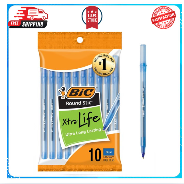 10-Count Pack BIC Round Stic Xtra Life Blue Ballpoint Pens, Medium Point (1.0mm)
