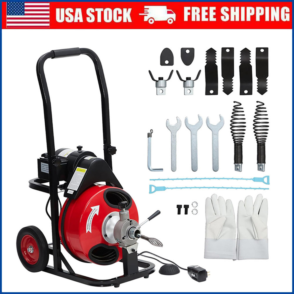 100FT x 1/2″ Drain Cleaner 370W Electric Sewer Snake Cleaning Machine W/ Cutters