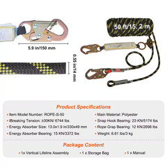 Vertical Lifeline Assembly, 0.55 In. X 50 Ft. Fall Protection Rope with 30 KN Br