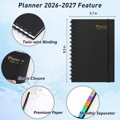 Daily Planner 2026-2027, 18-Month Weekly and Monthly 5.7 x 8.3 inches, Black