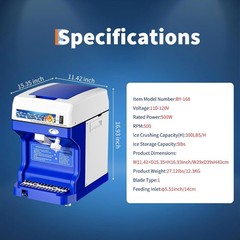 300LBS/H 500W Commercial Ice Shaver Electric Snow Cone Machine Ice Crusher