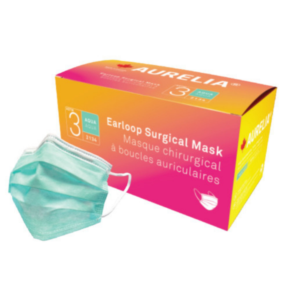 Aurelia Surgical Mask Aqua ASTM Level 3 Made in Canada 50/Box