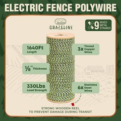 9-Strand Electric Fence Polywire 1640 ft, Tinned Copper & Stainless Steel, 0….