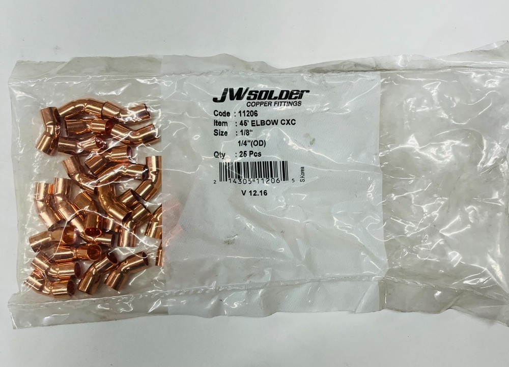 JW Solder 1/8″ Copper 45° Elbow CxC | 1/4″ OD | HVAC – 10 Pack