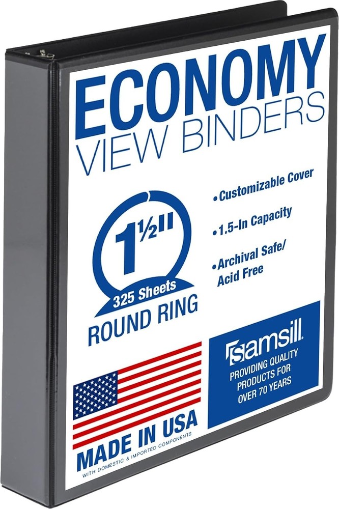 Sleek Black 1.5” 3 Ring Binder – 325 Sheets, Eco-Friendly, Clear View Finish