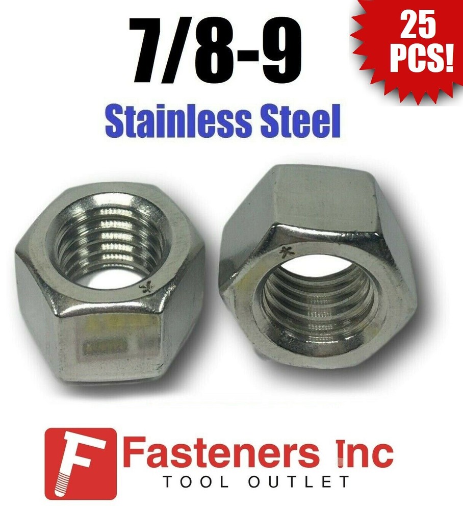 (Qty 25) 7/8-9 Stainless Steel Finished Hex Nuts 304 / 18-8 7/8″-9