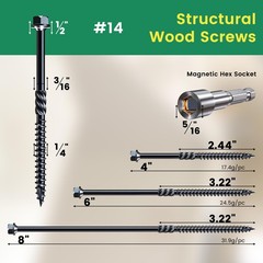 #14 x 4 Wood Structural Screws 50 Pcs, Exterior Hex-Head Lag Screws, Black He…