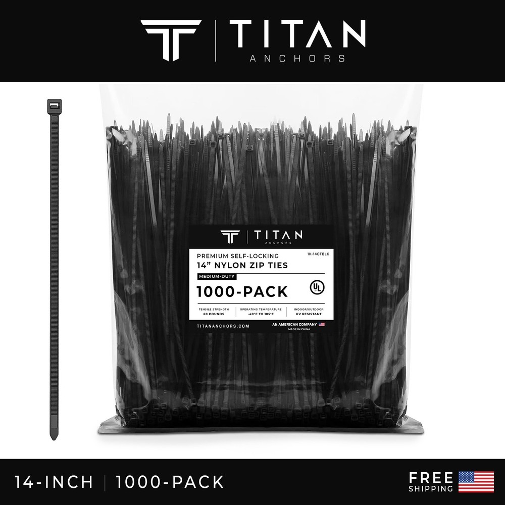1000-Pack Premium 14″ Inch Black Nylon Zip Ties, 60 lbs, UV Resistant, 4.8mm